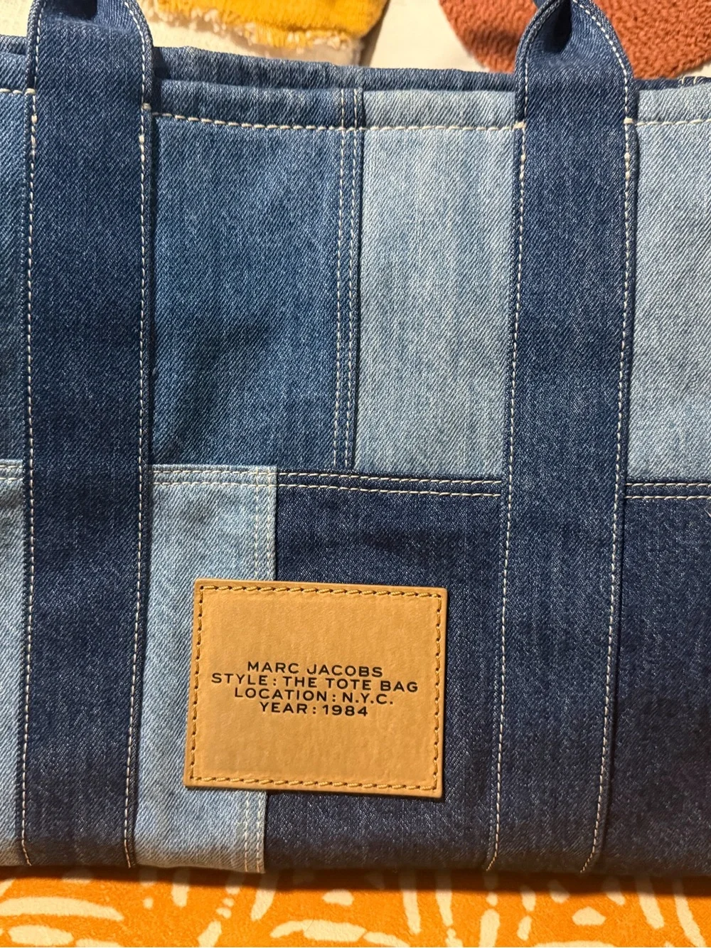 Marc Jacobs Large Patchwork Denim Tote with Tan Top Handle